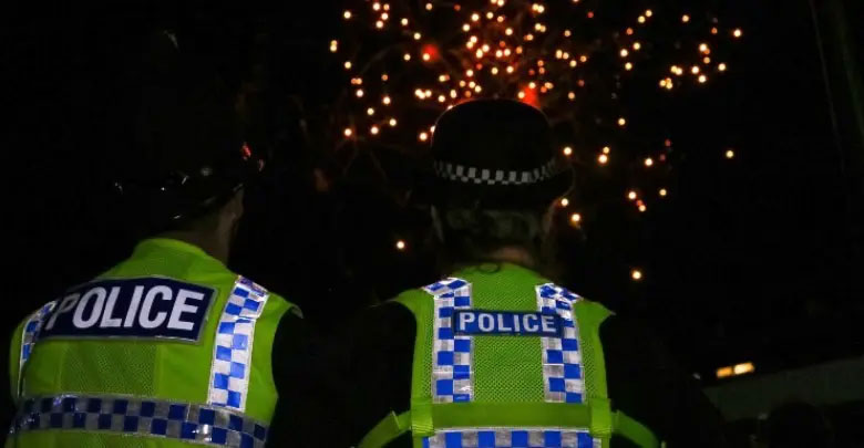 Two officers at night watching fireworks