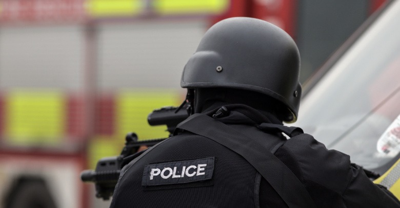 Back view of above image of an armed ARV officer